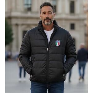 Men’s Puffer Jacket with Italia Logo Size Small Black